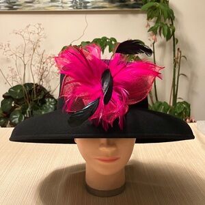 Elegant Black Wool Hat With Black Feathered Accents